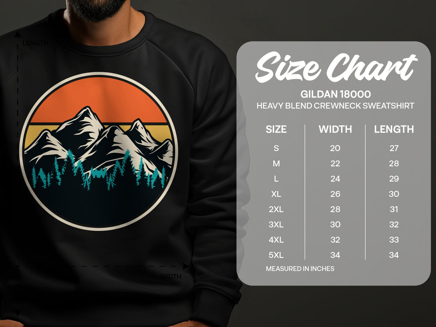 Size chart for Gildan 18000 heavy blend crewneck sweatshirt.