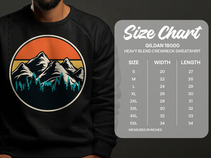 Size chart for Gildan 18000 heavy blend crewneck sweatshirt.