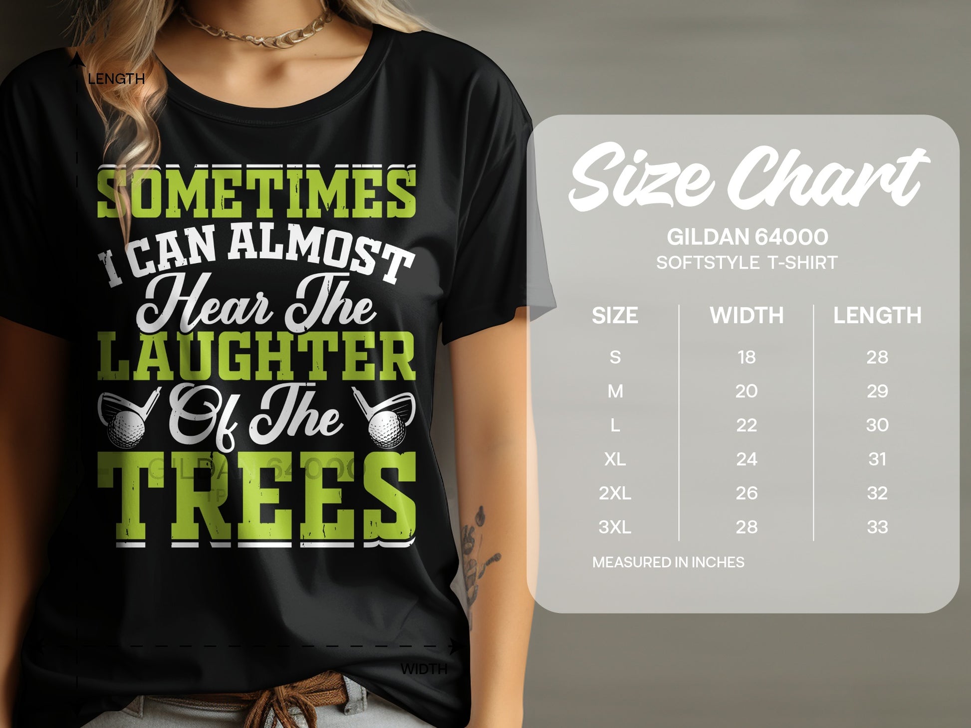 Black t-shirt with "Laughter Of The Trees" text and a size chart.