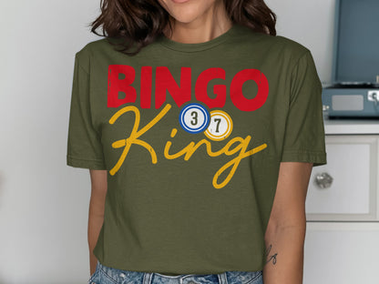 Green t-shirt with red "BINGO" and yellow "King" text, featuring bingo balls.