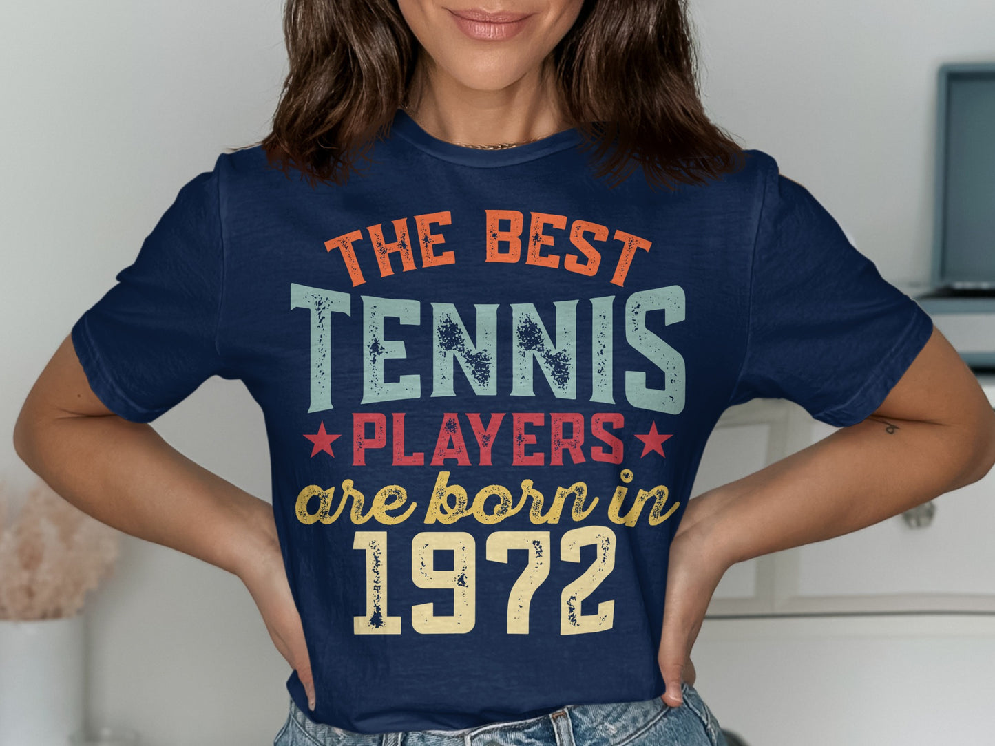 Navy t-shirt with "The best tennis players are born in 1972" text.