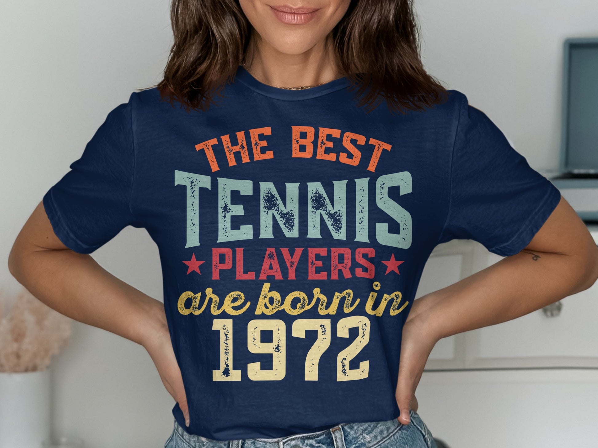 Navy t-shirt with "The best tennis players are born in 1972" text.