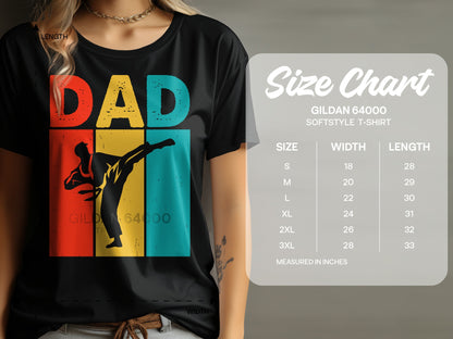 Dad graphic t-shirt with size chart on right, measured in inches.