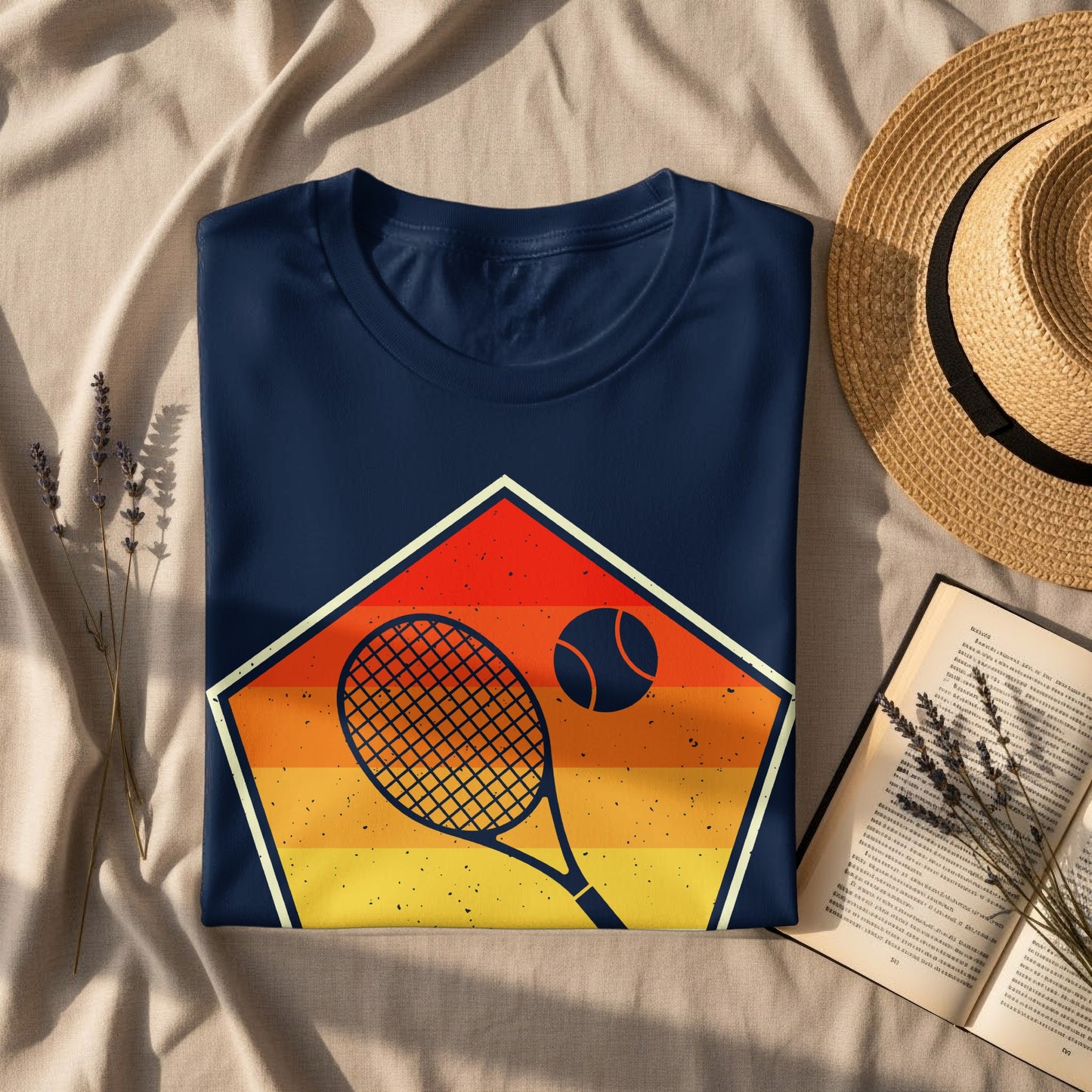Navy t-shirt with retro tennis racket and ball graphic on a hexagonal background.
