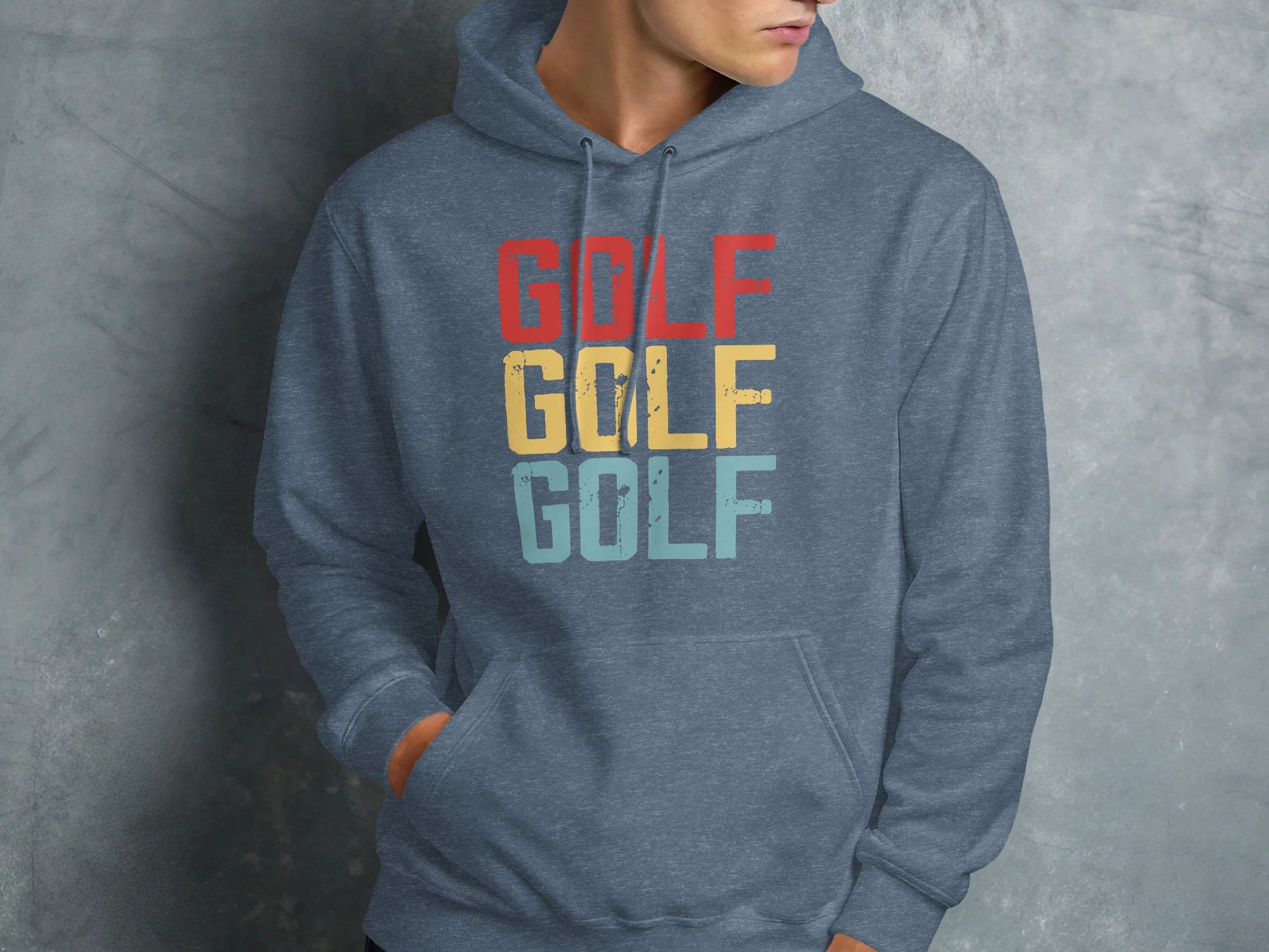 Blue hoodie with "GOLF" in red, yellow, and teal text.