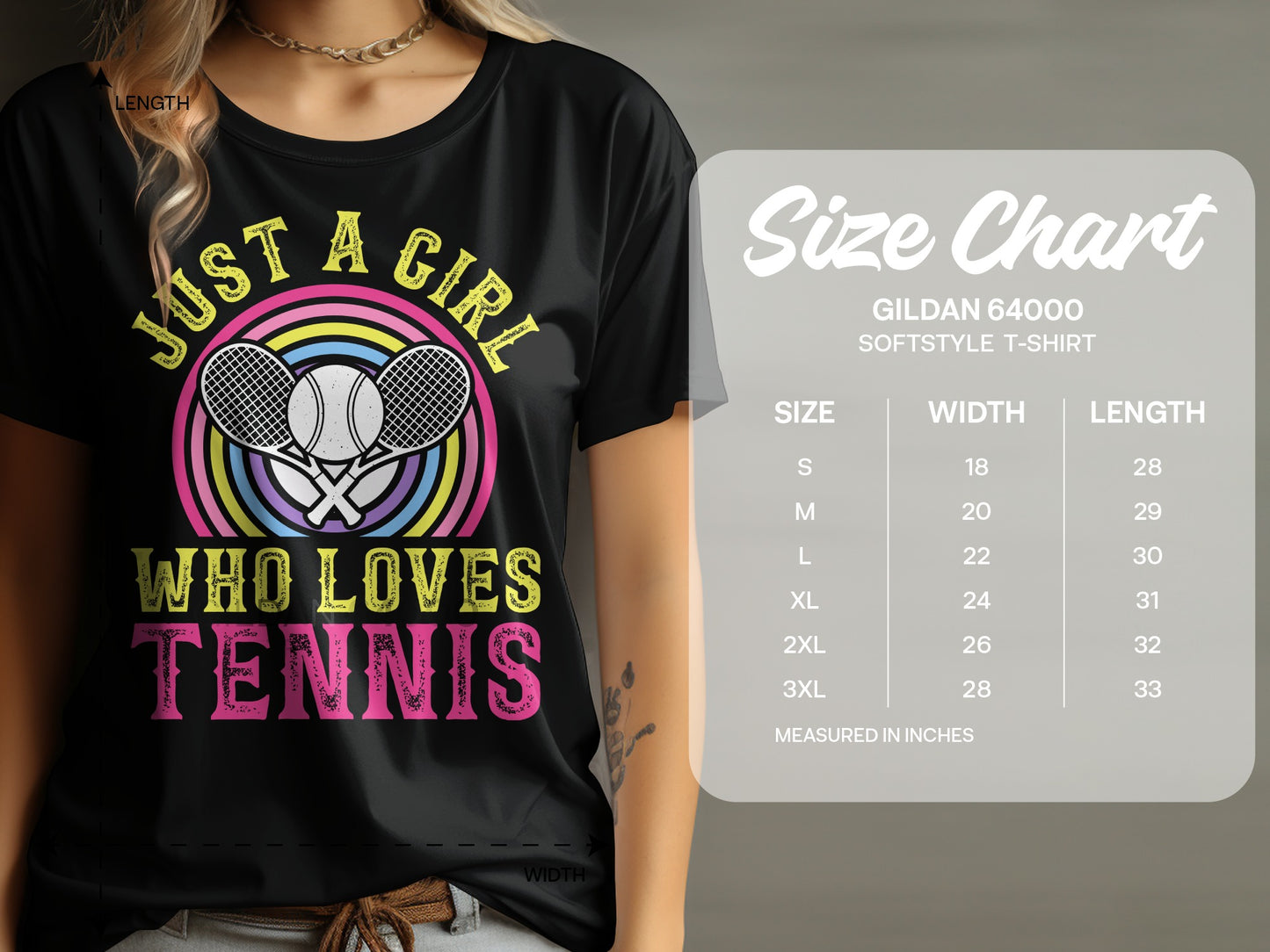 Black t-shirt with "Just a girl who loves tennis" graphic and size chart.
