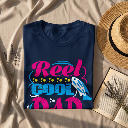 Navy t-shirt with "Reel Cool Dad" text and fish graphic.