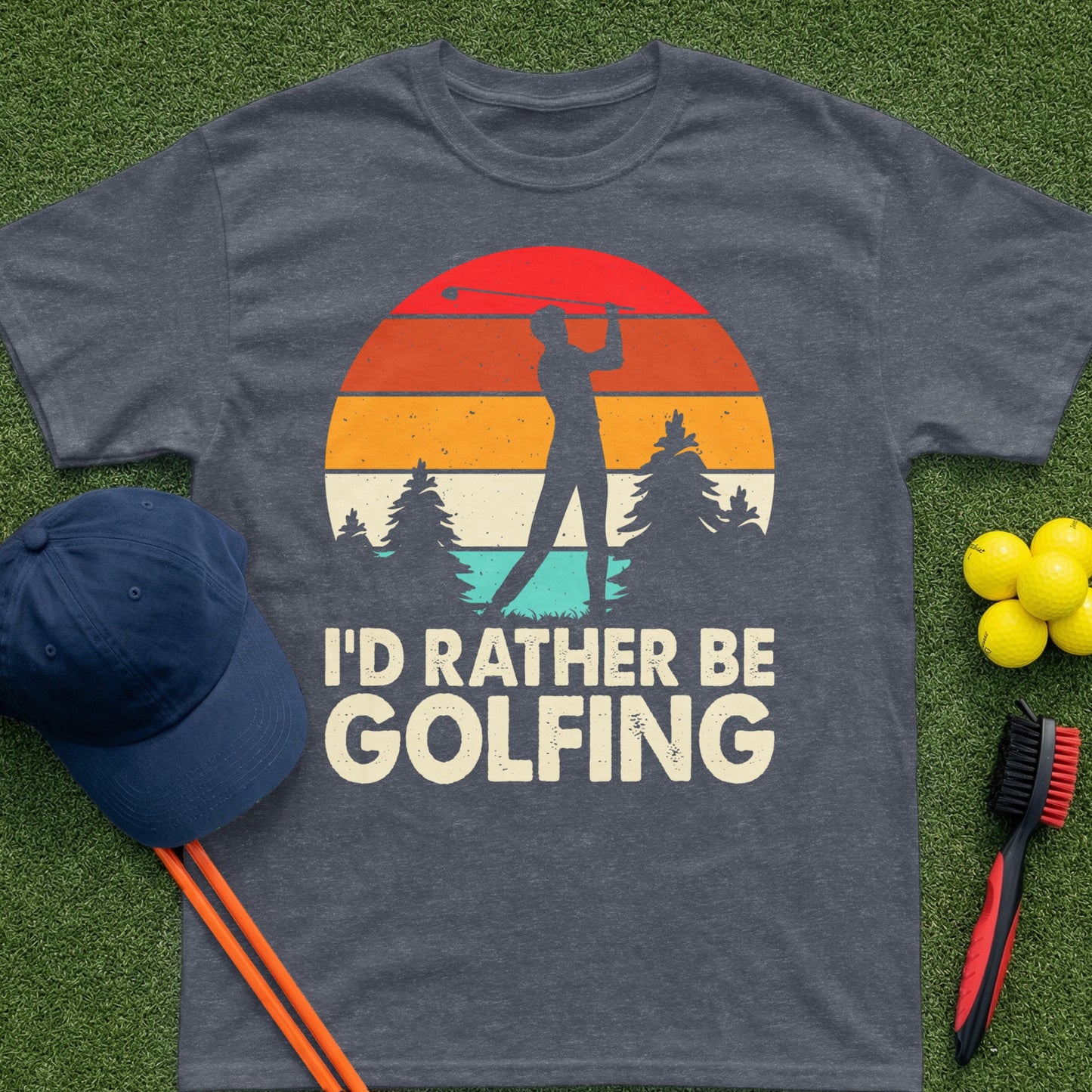 T-shirt with retro sunset graphic and text "I'D RATHER BE GOLFING".