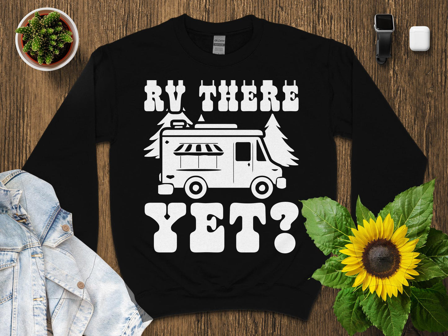 Black sweatshirt with RV graphic and "RV THERE YET?" text.