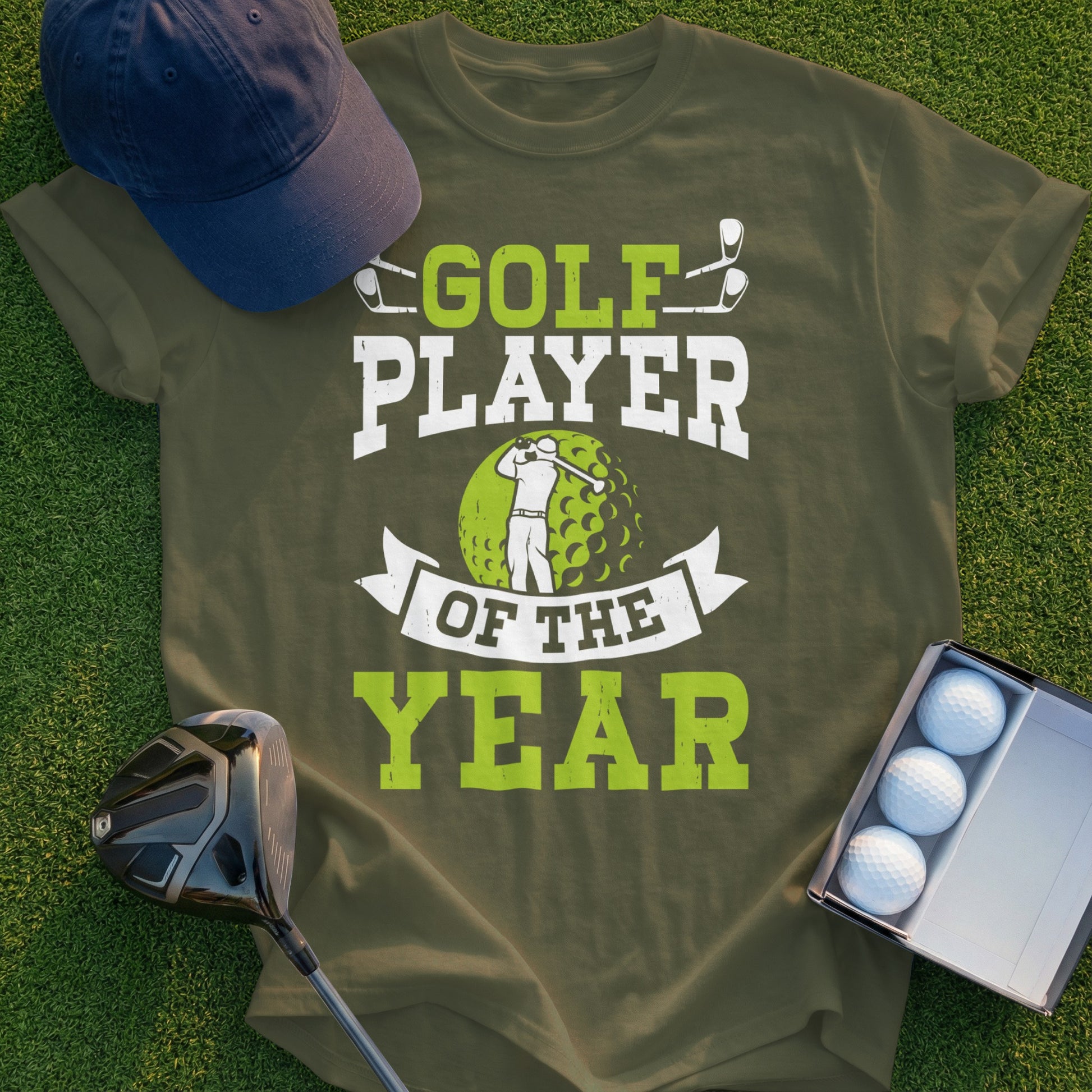 Golf Player of the Year graphic on a green t-shirt with golf balls.