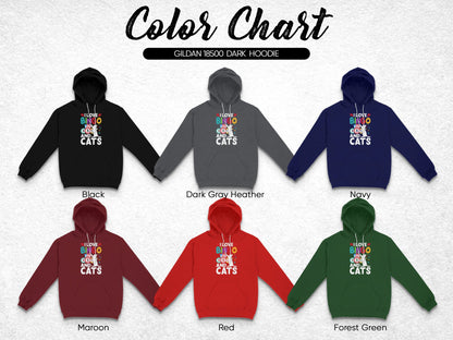 Gildan 18500 hoodie color chart showing Black, Dark Gray Heather, Navy, Maroon, Red, and Forest Green.