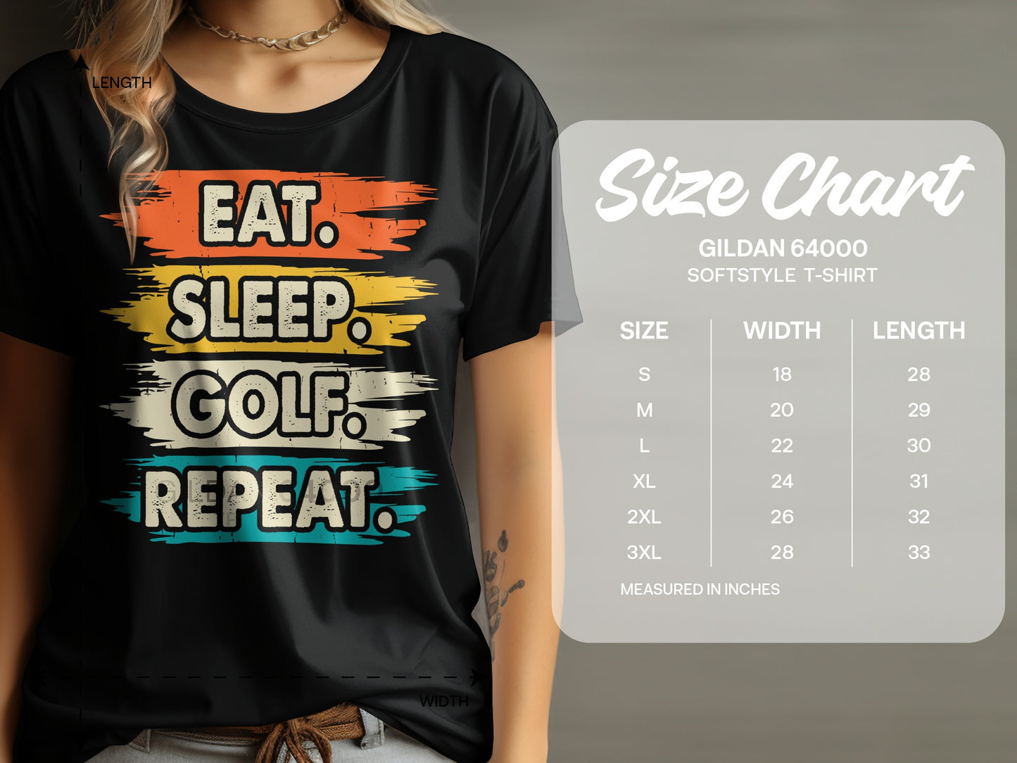 T-shirt with "Eat. Sleep. Golf. Repeat." graphic and size chart.