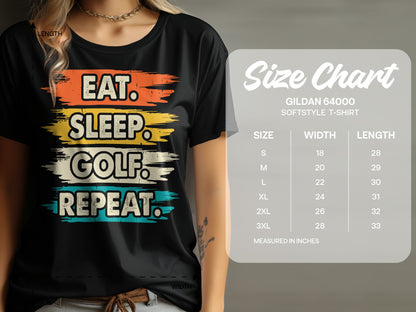 T-shirt with "Eat. Sleep. Golf. Repeat." graphic and size chart.