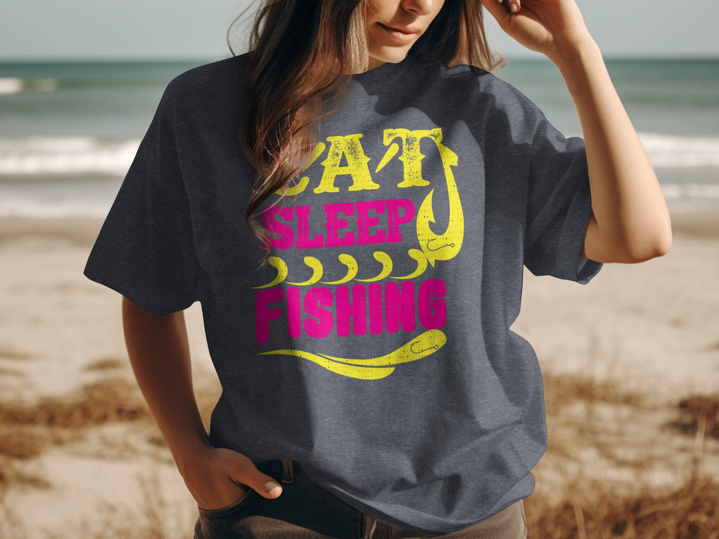 Dark grey t-shirt with "Eat Sleep Fishing" text and yellow fishhook graphic.