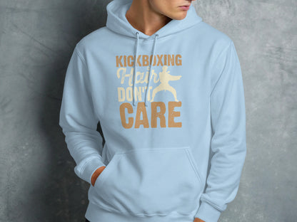 Light blue hoodie with "Kickboxing Hair Don't Care" graphic.