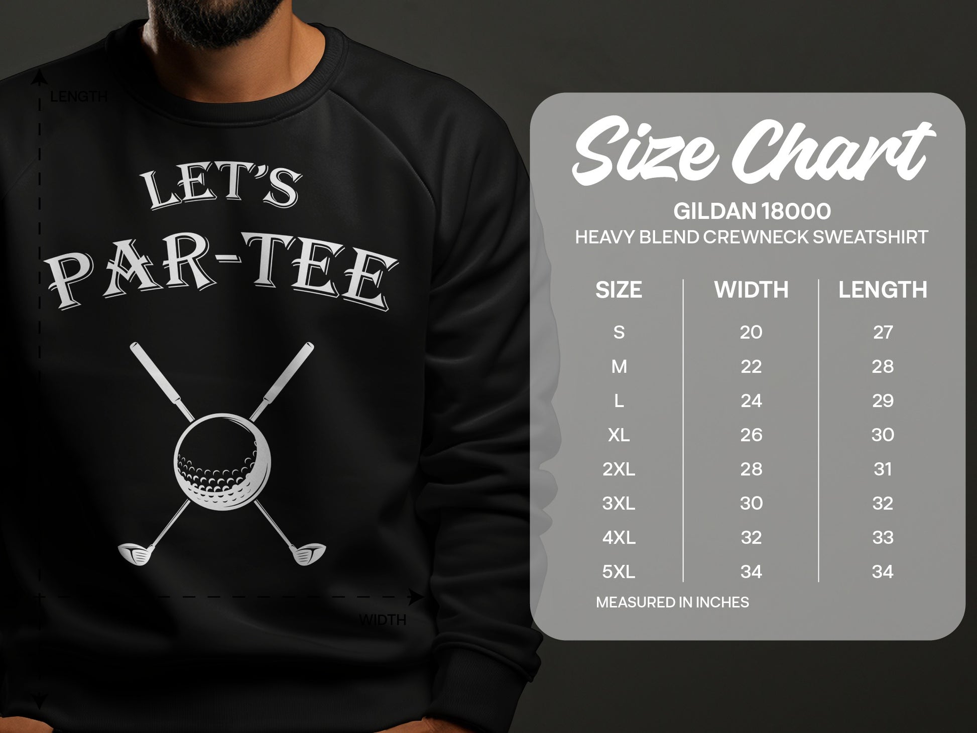 Gildan 18000 sweatshirt size chart with "Let's Par-Tee" graphic.