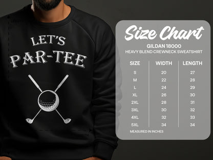 Gildan 18000 sweatshirt size chart with "Let's Par-Tee" graphic.