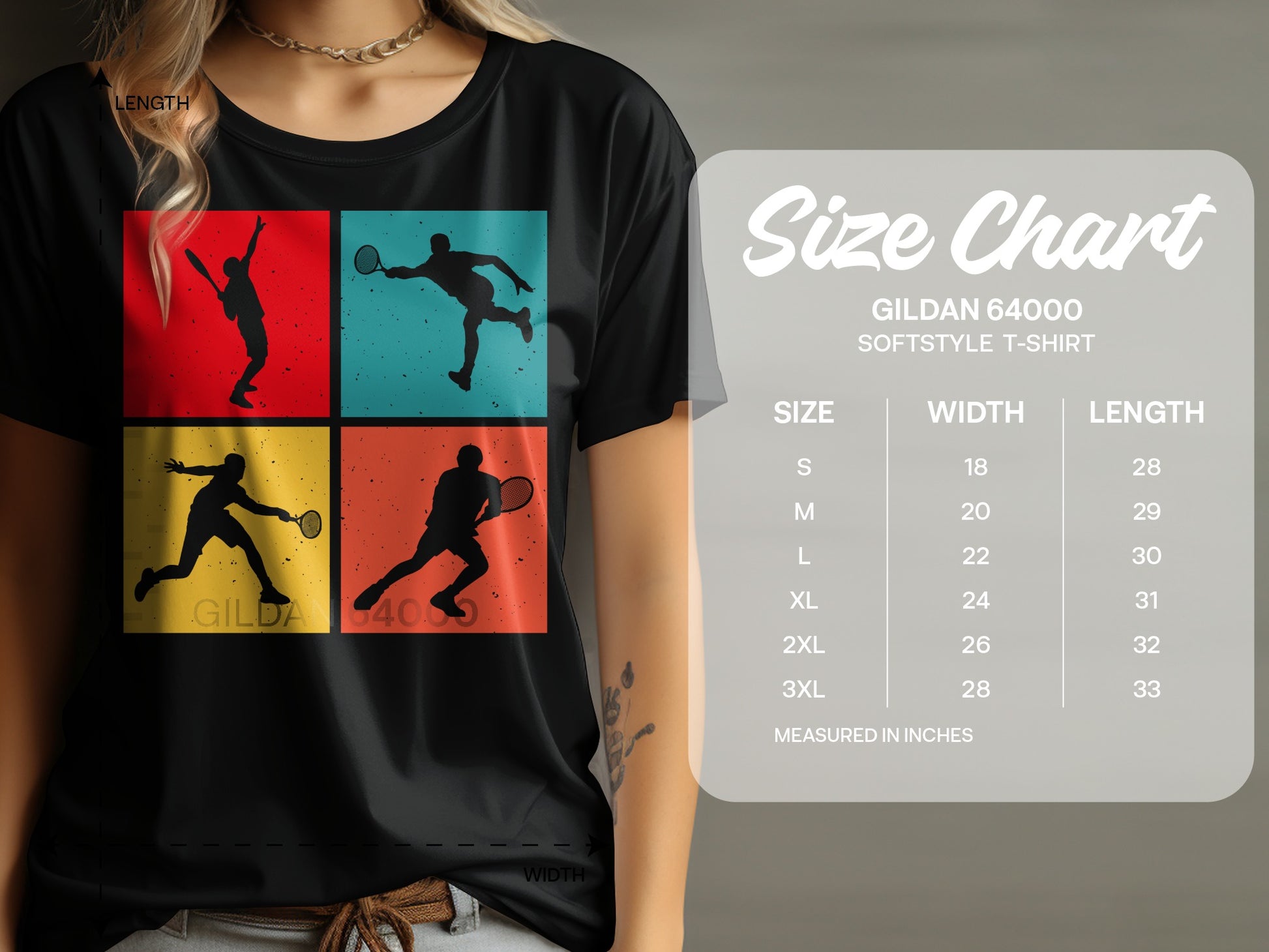 T-shirt with tennis player graphic and size chart with measurements.