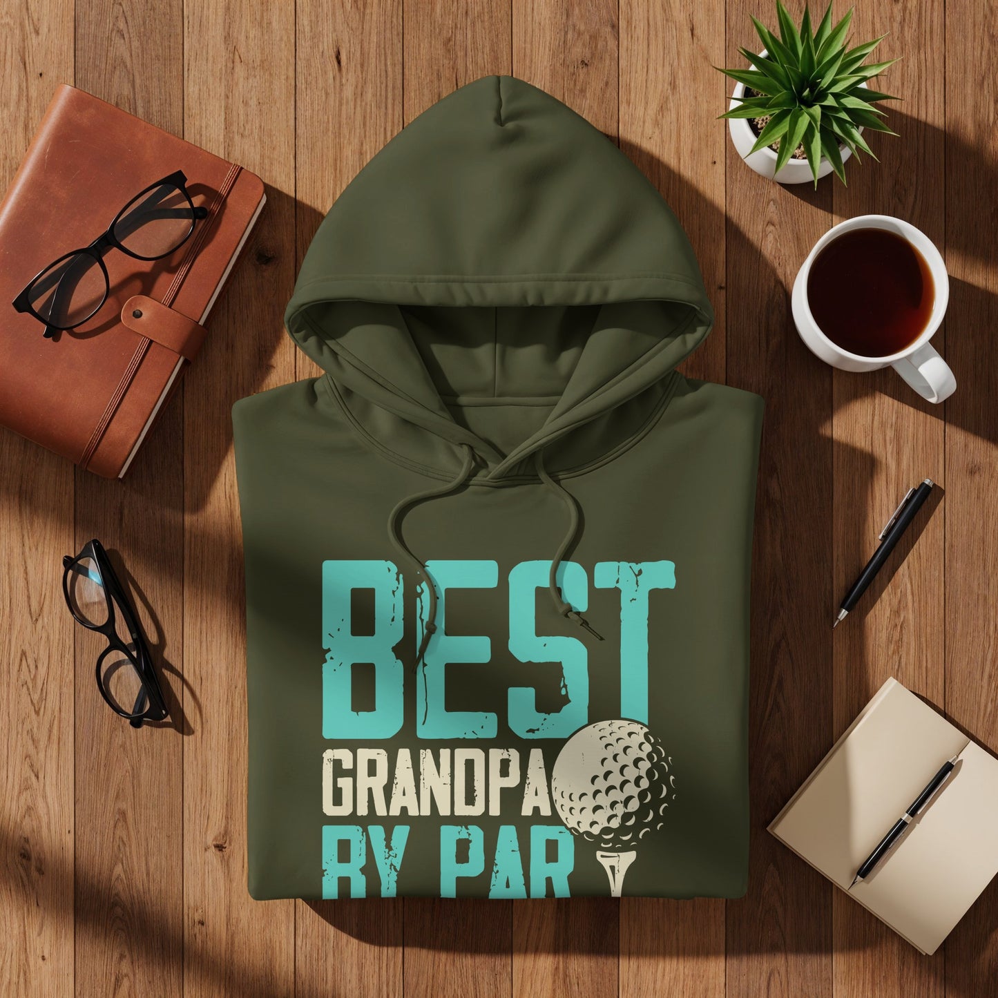 Green hoodie with "BEST GRANDPA BY PAR" text and golf ball.