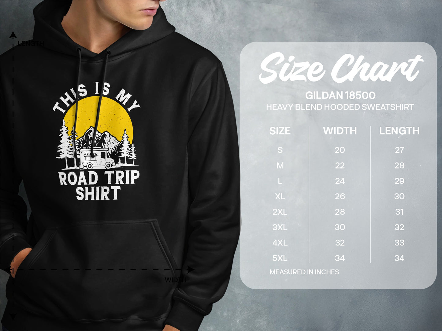 Hoodie with "This is my road trip shirt" graphic and size chart.