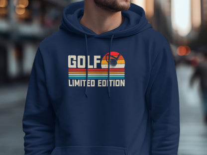 Navy hoodie with "GOLF LIMITED EDITION" text and golf ball graphic.
