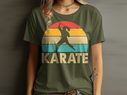 Retro sunset graphic with silhouette performing karate, text "KARATE".