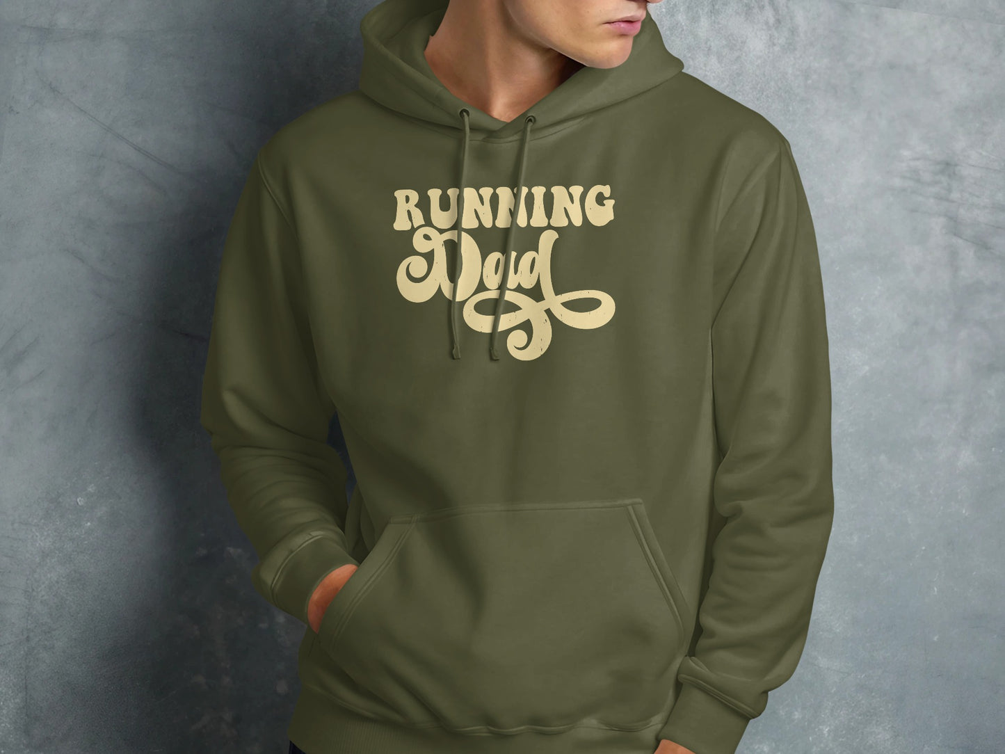 Olive green hoodie with "Running Dad" text in a decorative font.