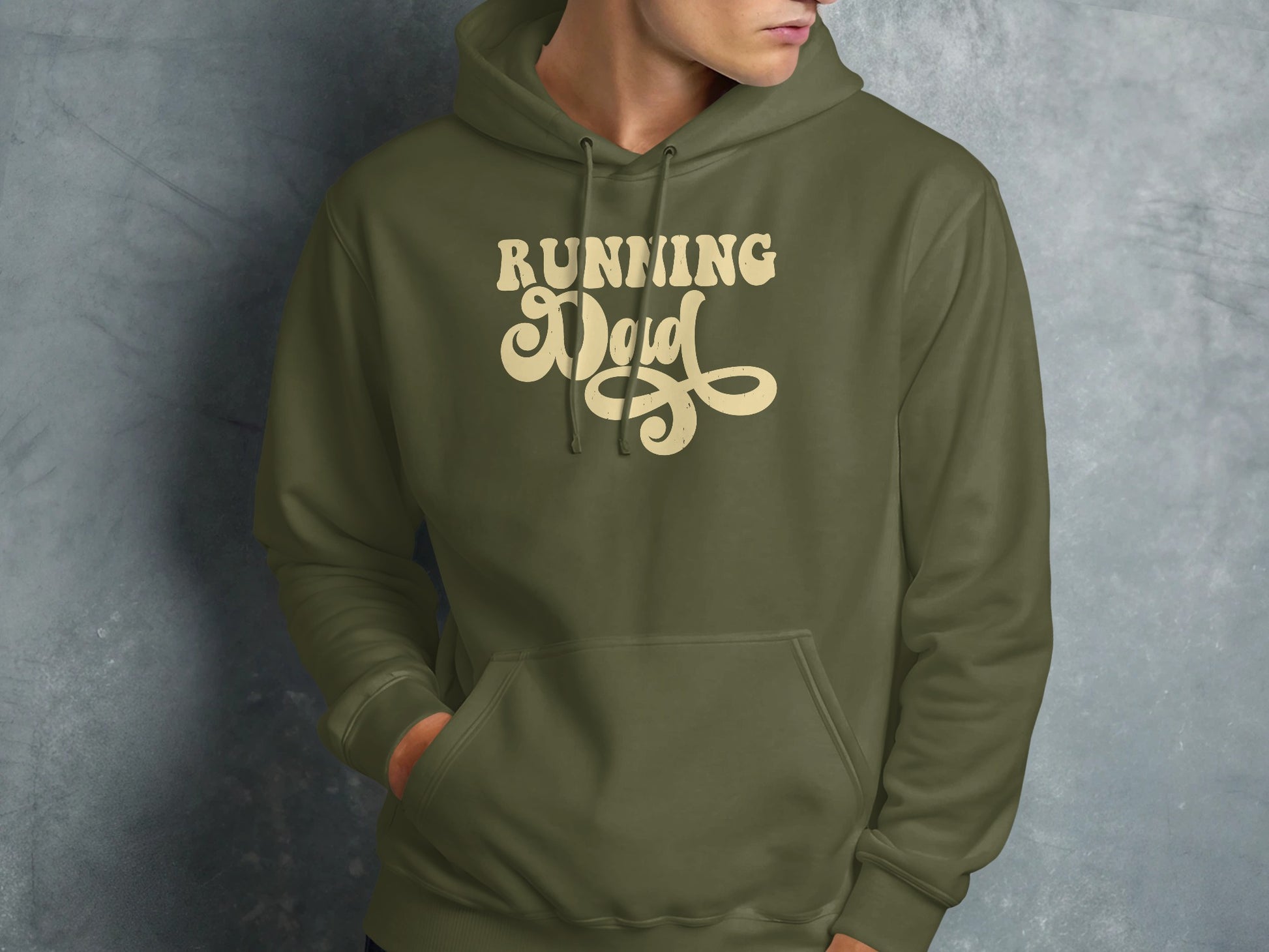 Olive green hoodie with "Running Dad" text in a decorative font.