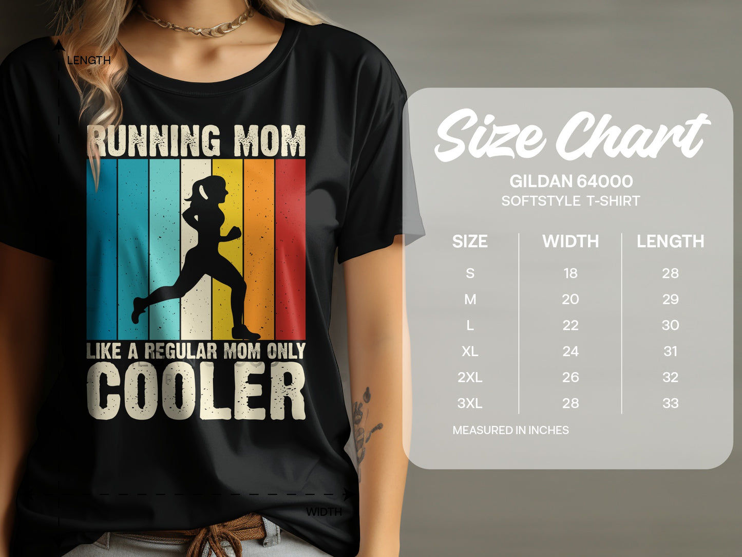T-shirt with "Running Mom Like a Regular Mom Only Cooler" text and size chart.