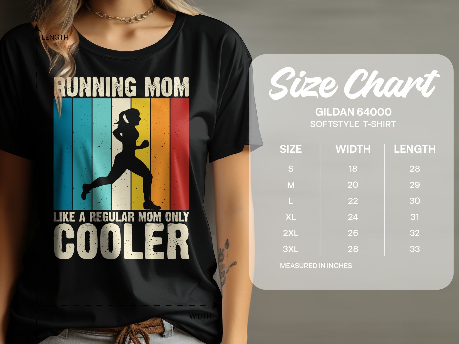 T-shirt with "Running Mom Like a Regular Mom Only Cooler" text and size chart.
