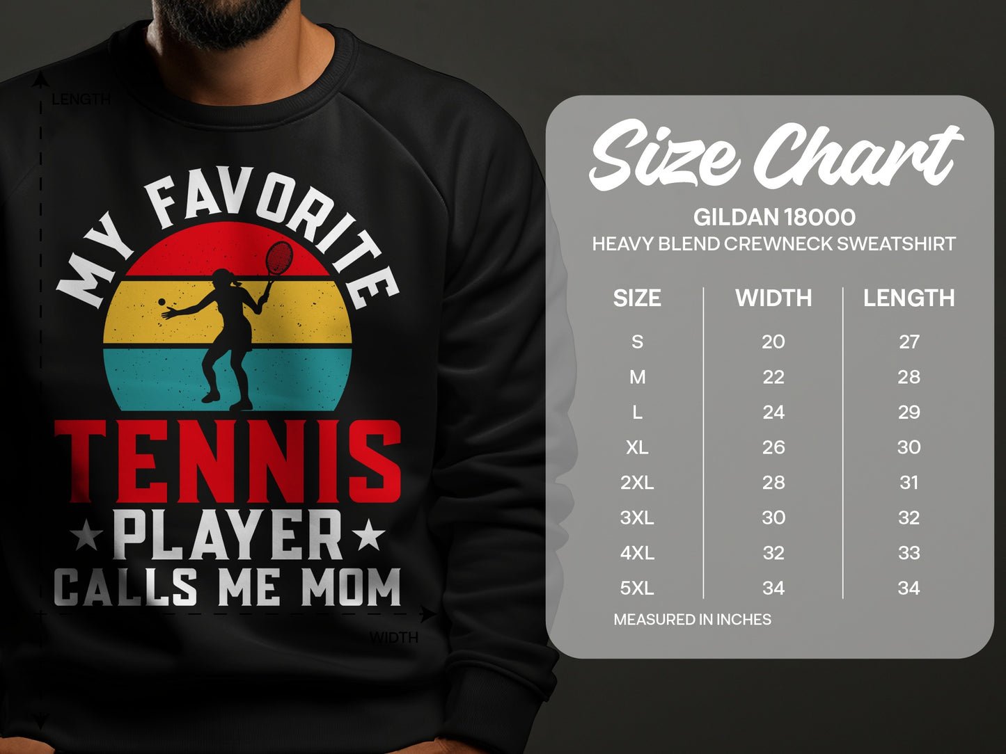 Black sweatshirt with "My Favorite Tennis Player Calls Me Mom" graphic and size chart.