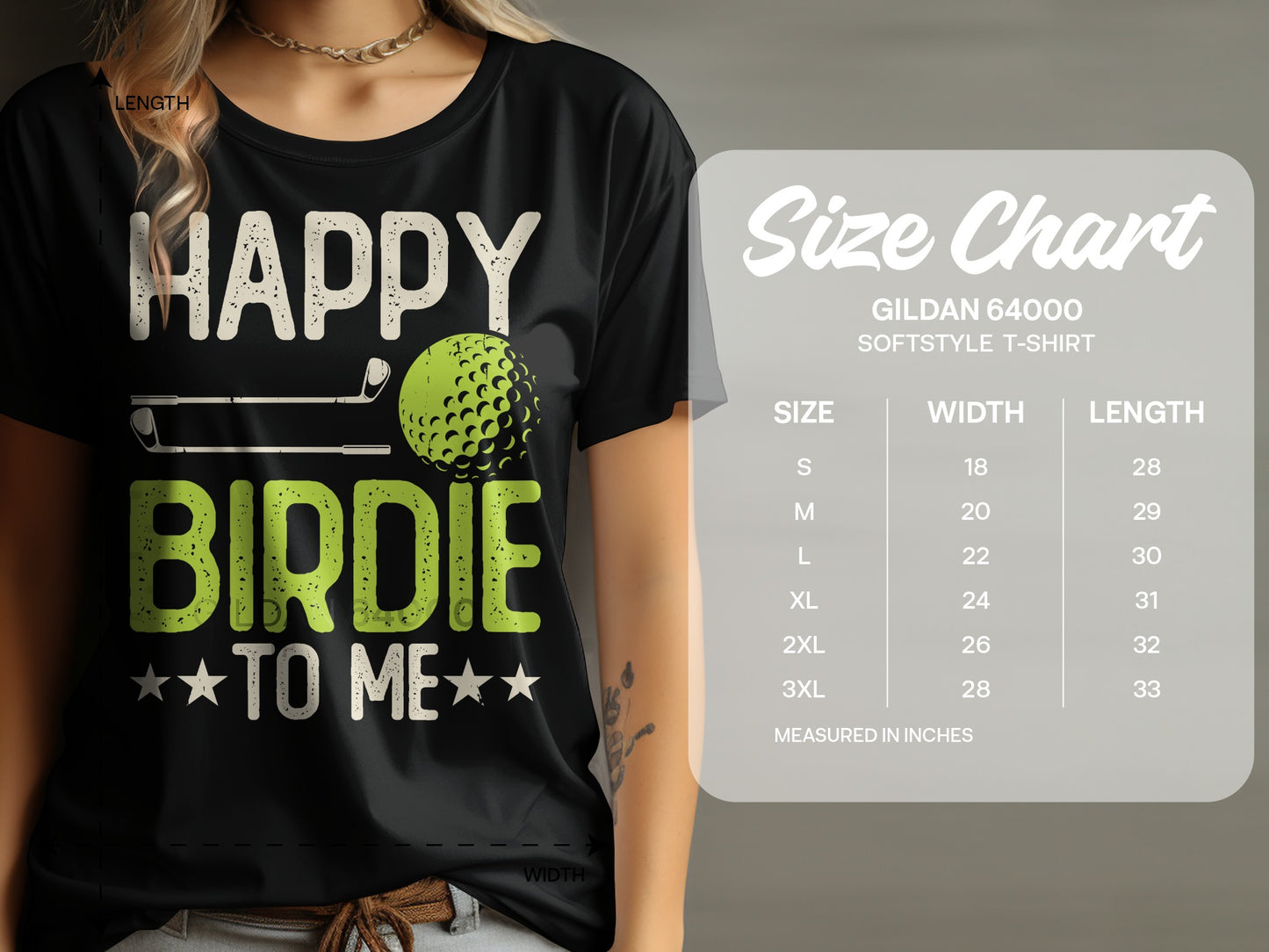 Black t-shirt with "Happy Birdie To Me" text, golf ball, and tee.