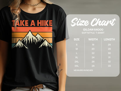 Black t-shirt with "Take a Hike" and mountain graphic, beside size chart.