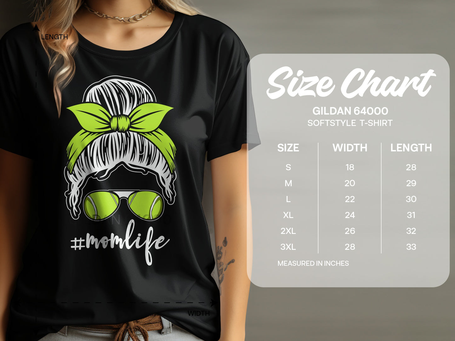 T-shirt size chart with measurements for Gildan 64000 Softstyle t-shirts.