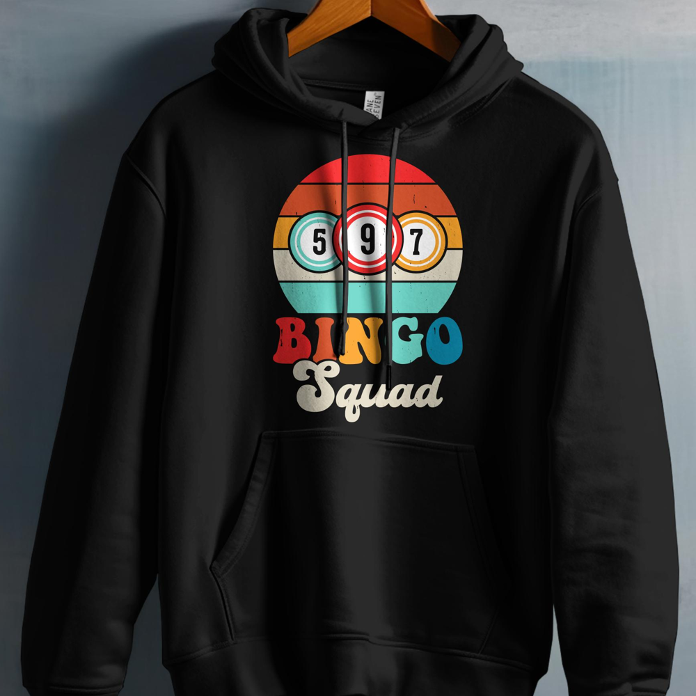 Black hoodie with "BINGO Squad" and bingo balls featuring numbers 5, 9, and 7.