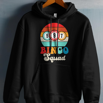Black hoodie with "BINGO Squad" and bingo balls featuring numbers 5, 9, and 7.