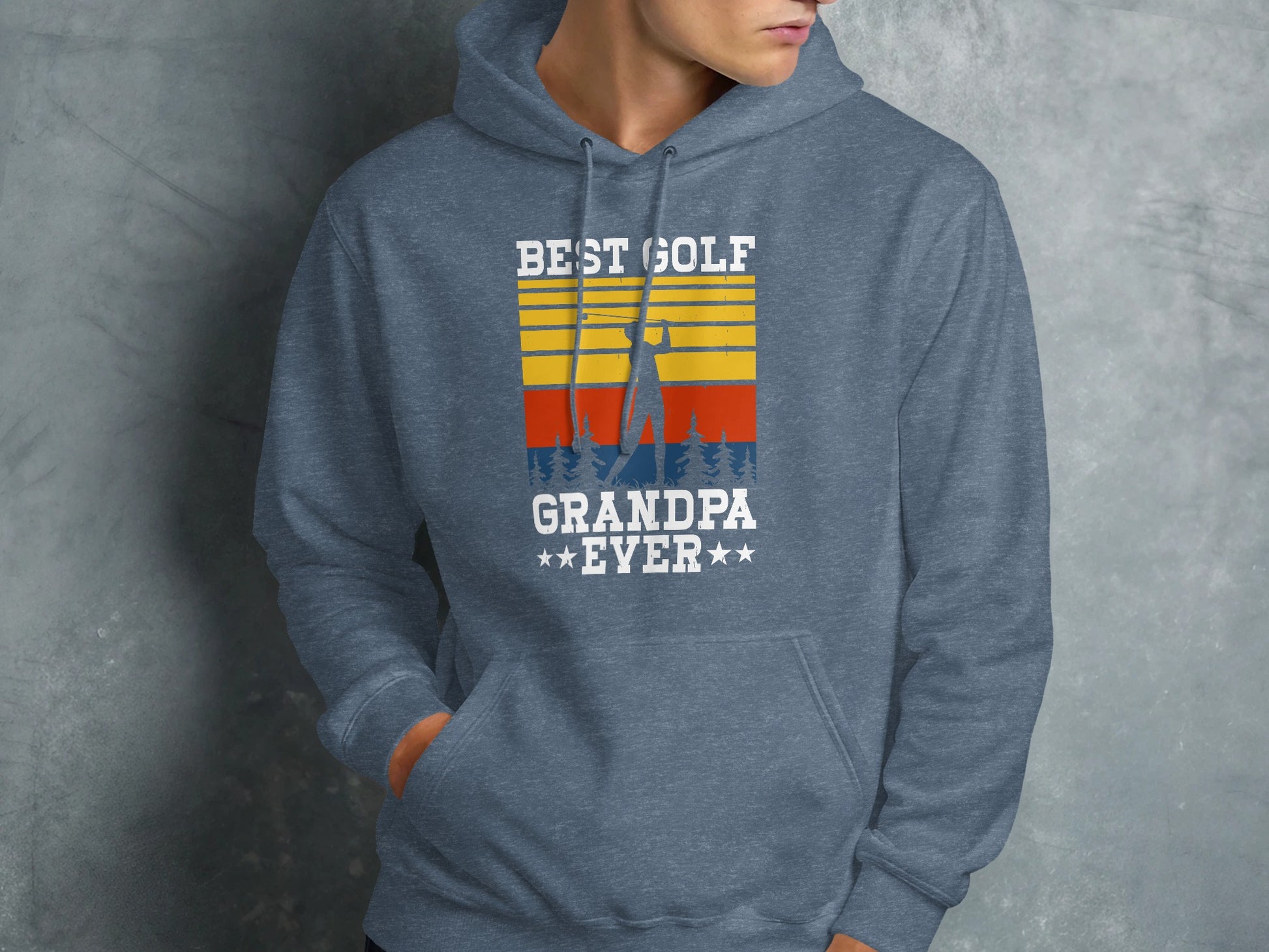 Blue hoodie with "Best Golf Grandpa Ever" text and a golf graphic.