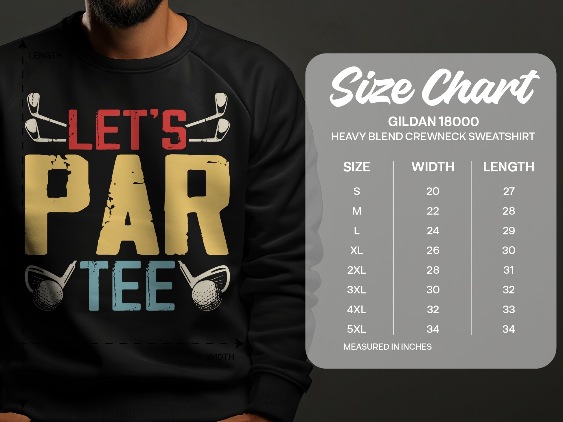 Sweatshirt size chart showing measurements for Gildan 18000 crewneck sweatshirt.