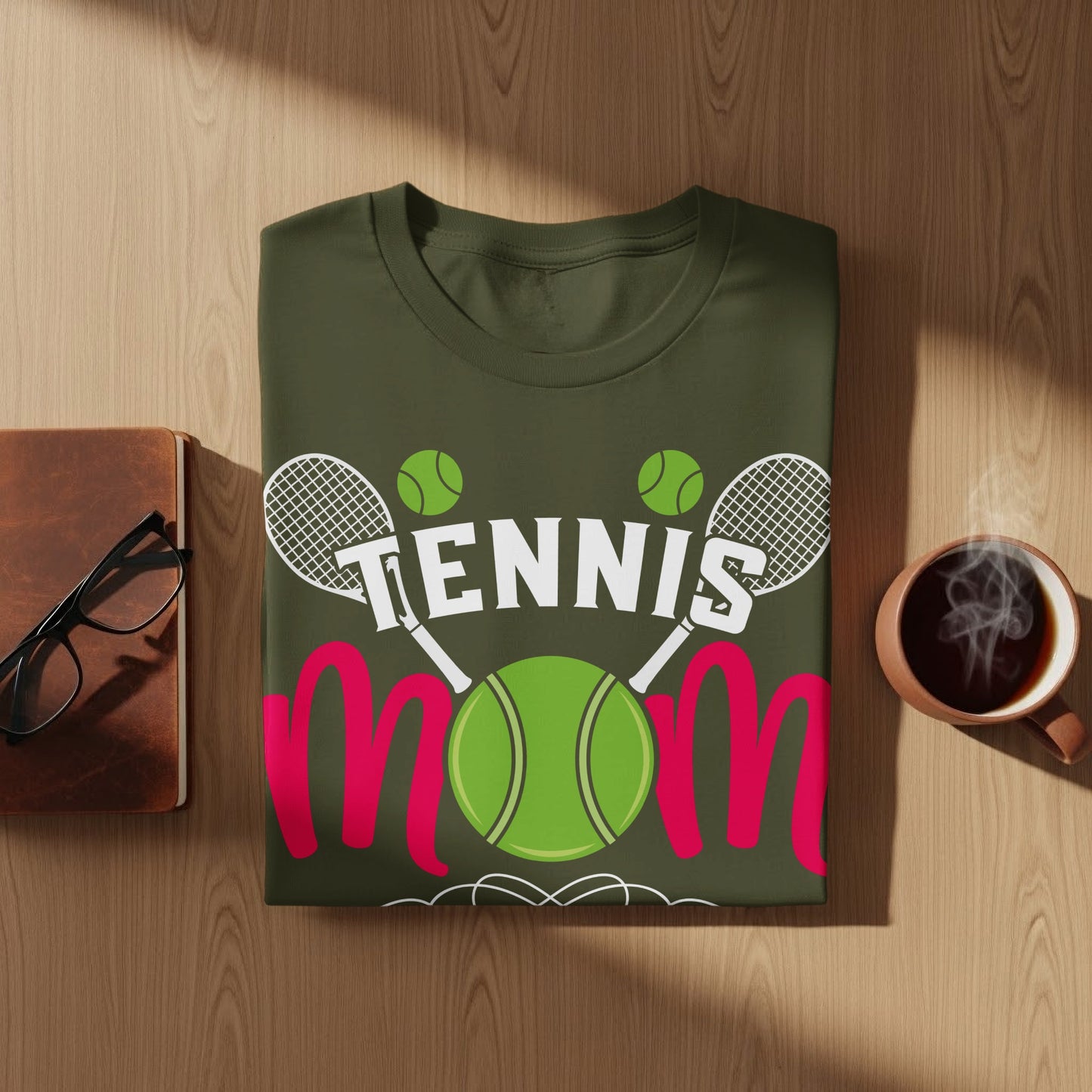 Green t-shirt with "Tennis Mom" text and tennis ball graphic.