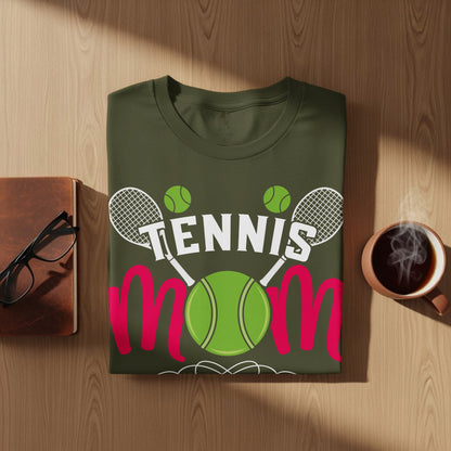 Green t-shirt with "Tennis Mom" text and tennis ball graphic.