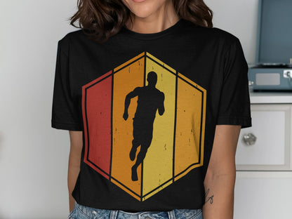 Black t-shirt with a silhouette of a runner on a striped hexagon graphic.