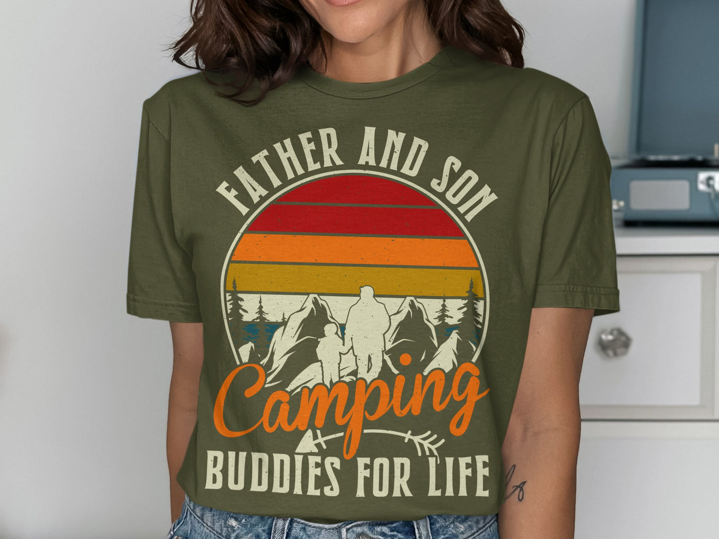 Father and Son Camping Buddies For Life t-shirt with mountain sunset design.