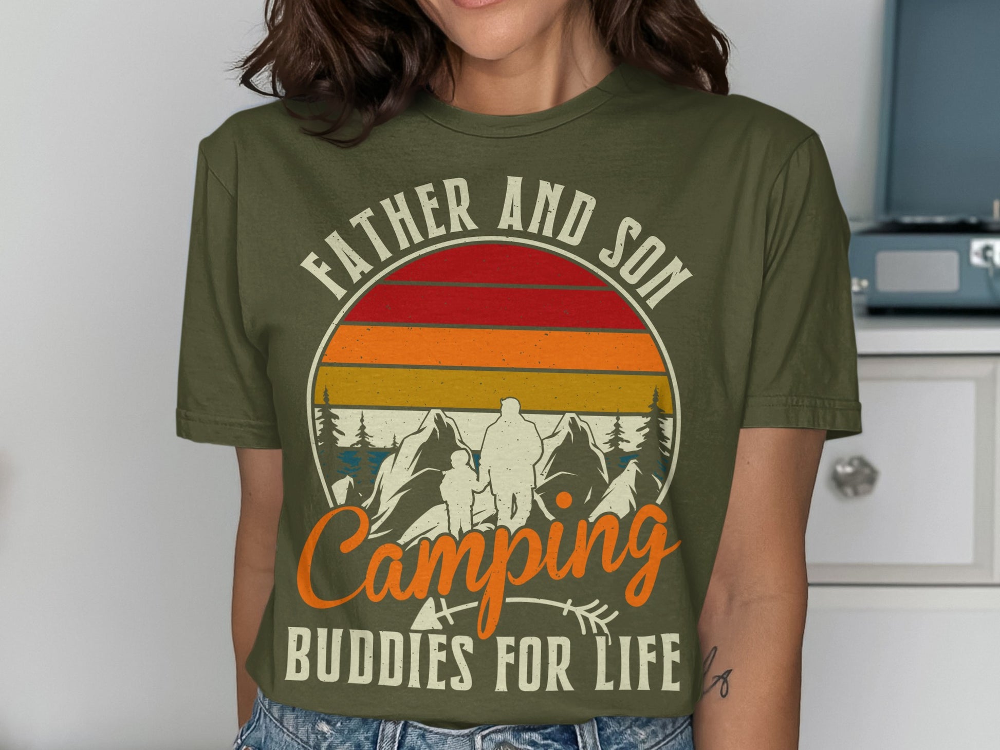 Father and Son Camping Buddies For Life t-shirt with mountain sunset design.