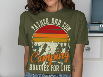 Father and Son Camping Buddies For Life t-shirt with mountain sunset design.