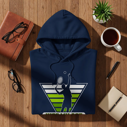 Navy blue hoodie with a tennis player graphic on wooden background.