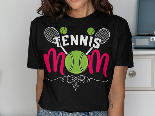 Black t-shirt with "TENNIS MOM" text and tennis ball and racquets.