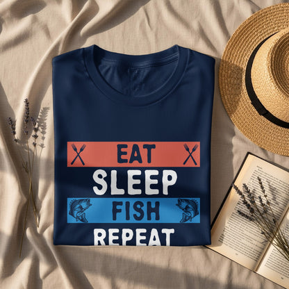 Navy t-shirt with "Eat Sleep Fish Repeat" text and two fish illustrations.