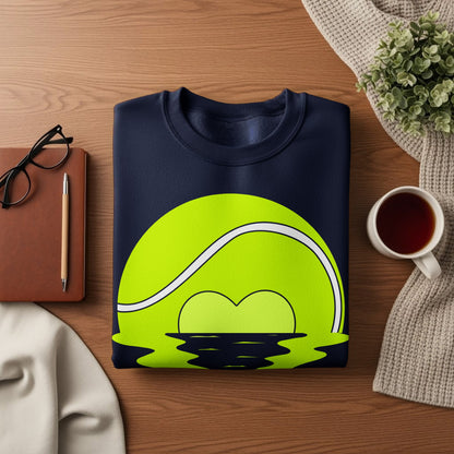 Navy sweatshirt with a tennis ball graphic reflecting on water.