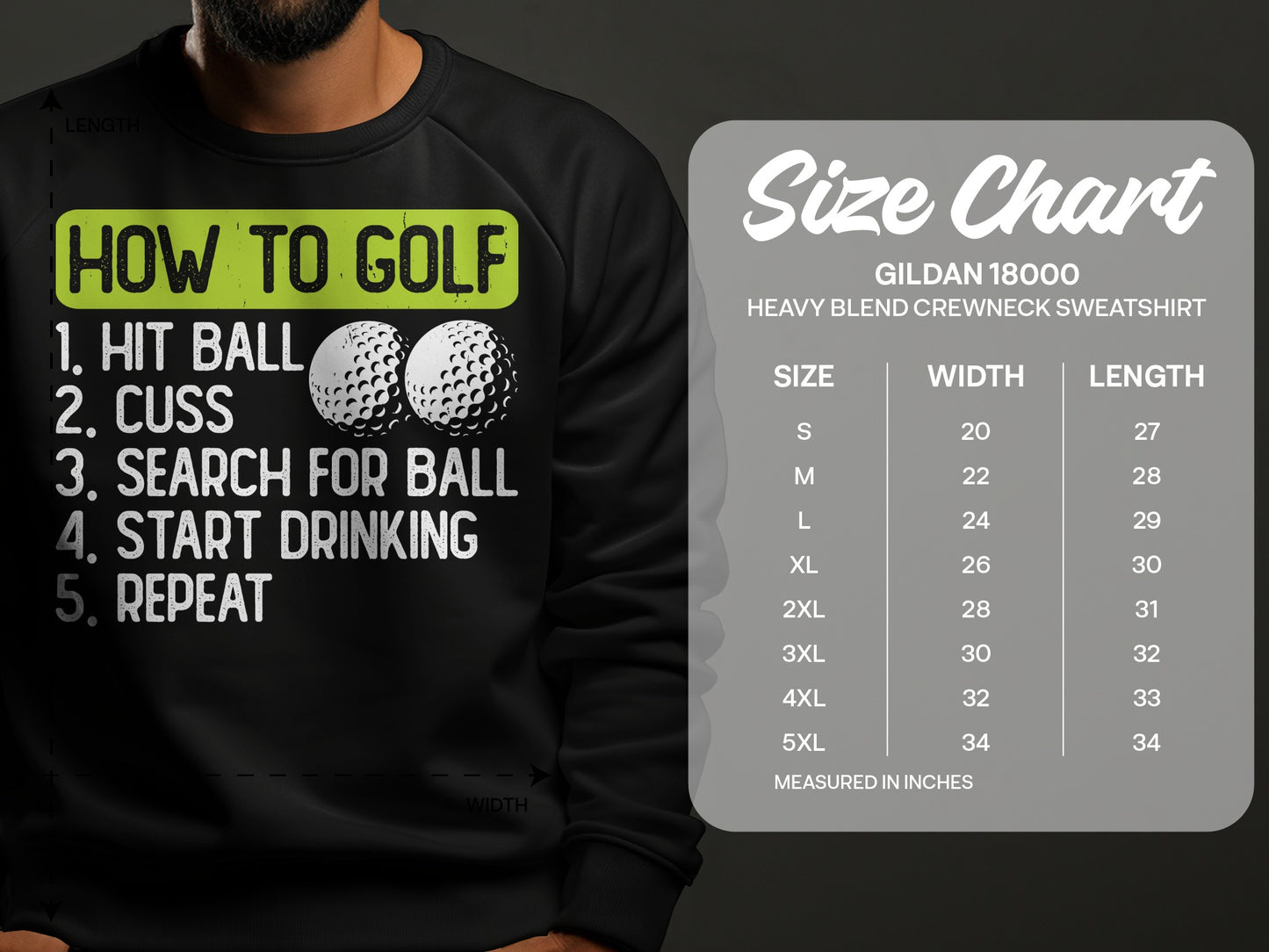 Gildan 18000 sweatshirt with "How to Golf" text and size chart.