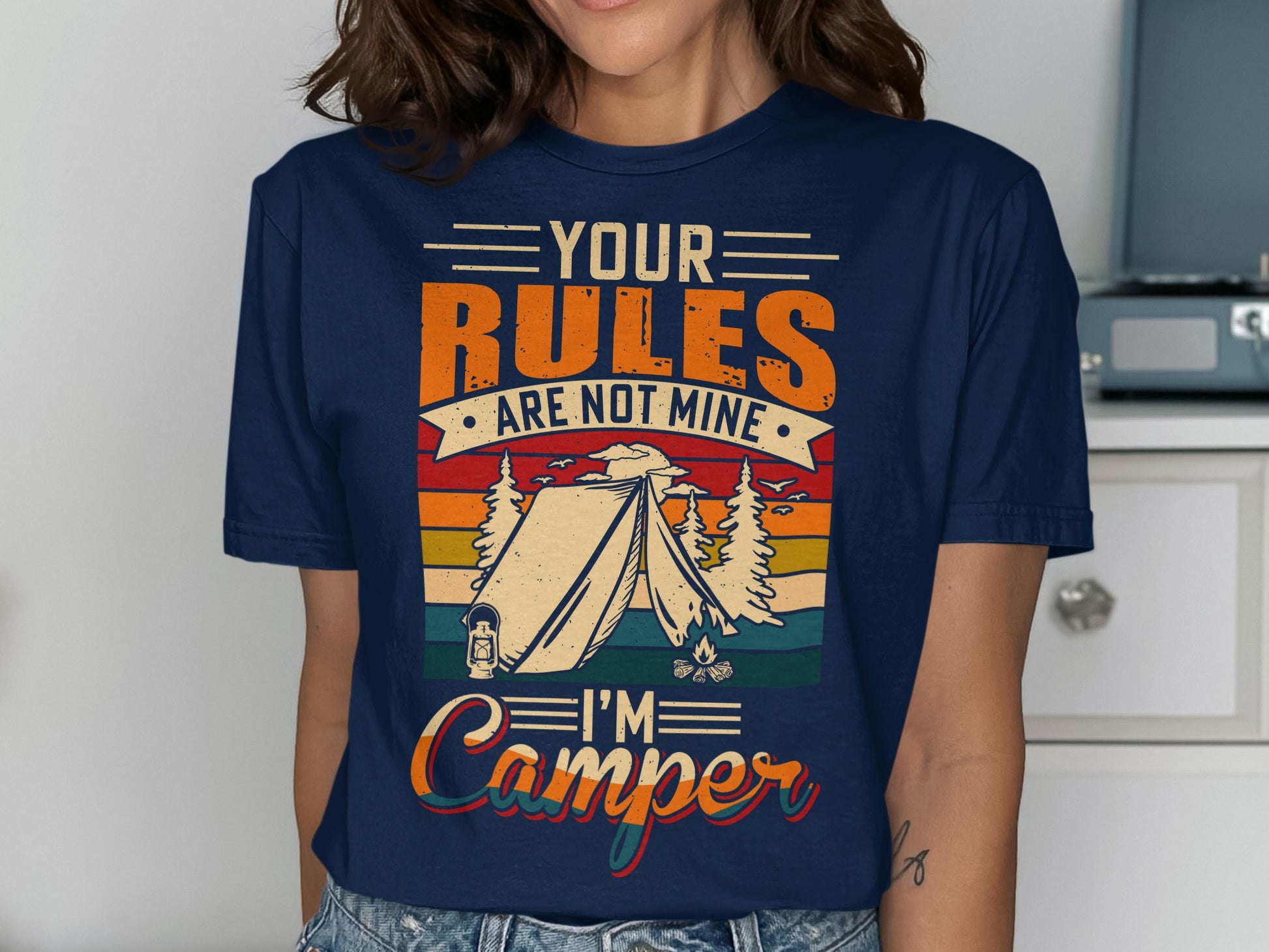 Navy t-shirt with "Your rules are not mine, I'm a camper" text and camping graphic.
